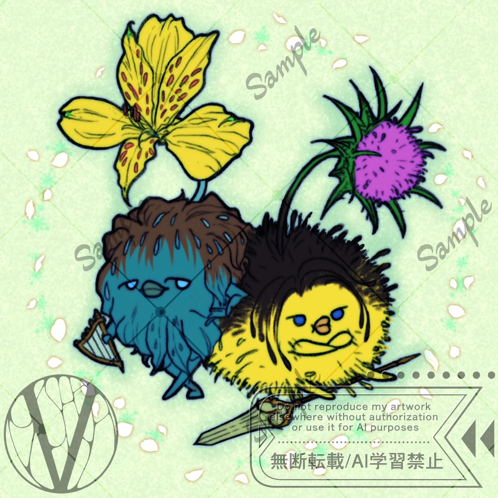 an alstroemeria based korpokkur representing guydelot (with a lyre) and a spear thistle korpokkur representing sanson (with a spear).