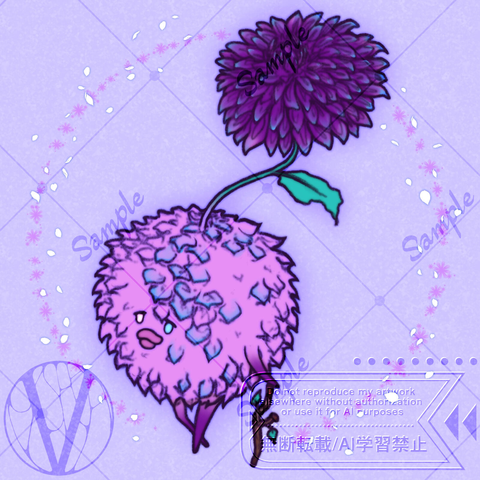 a purple and blue dahlia based korpokkur with a stick for a cane.